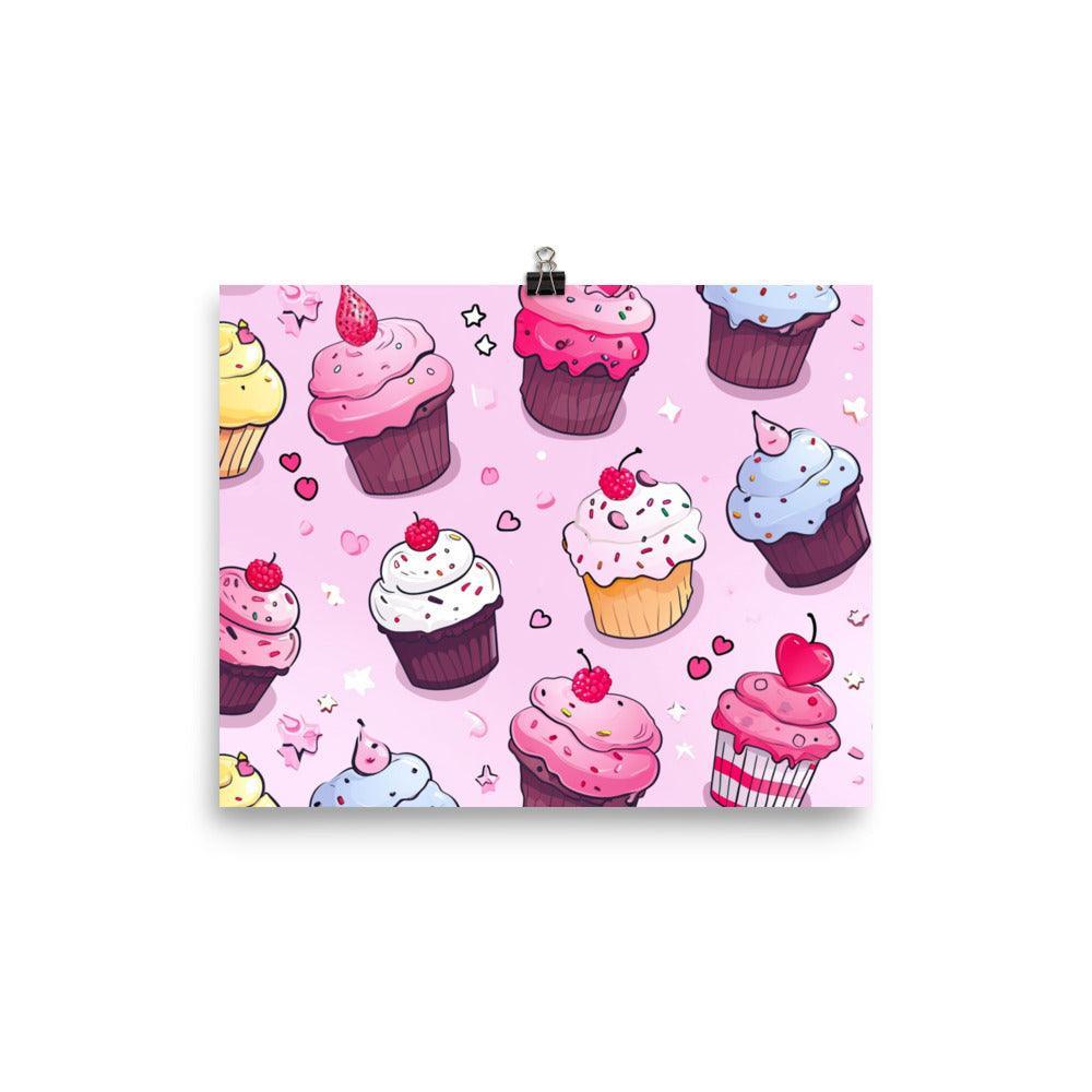 Delightful Kawaii Cupcakes with Sprinkles and Hearts Pattern on Pink Poster - Oh Posters