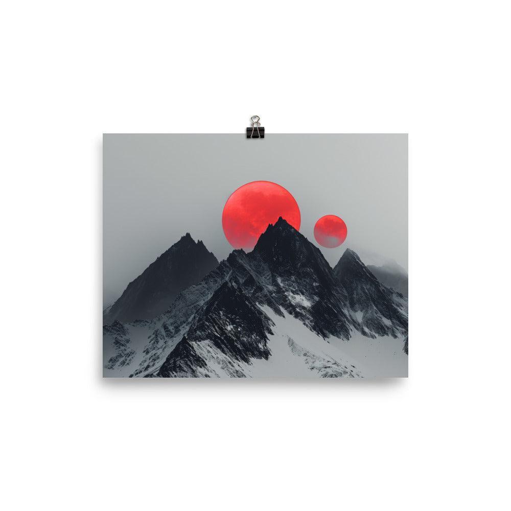 Extraterrestrial Red Moons Over Snowy Mountains Surreal Art Poster - Oh Posters