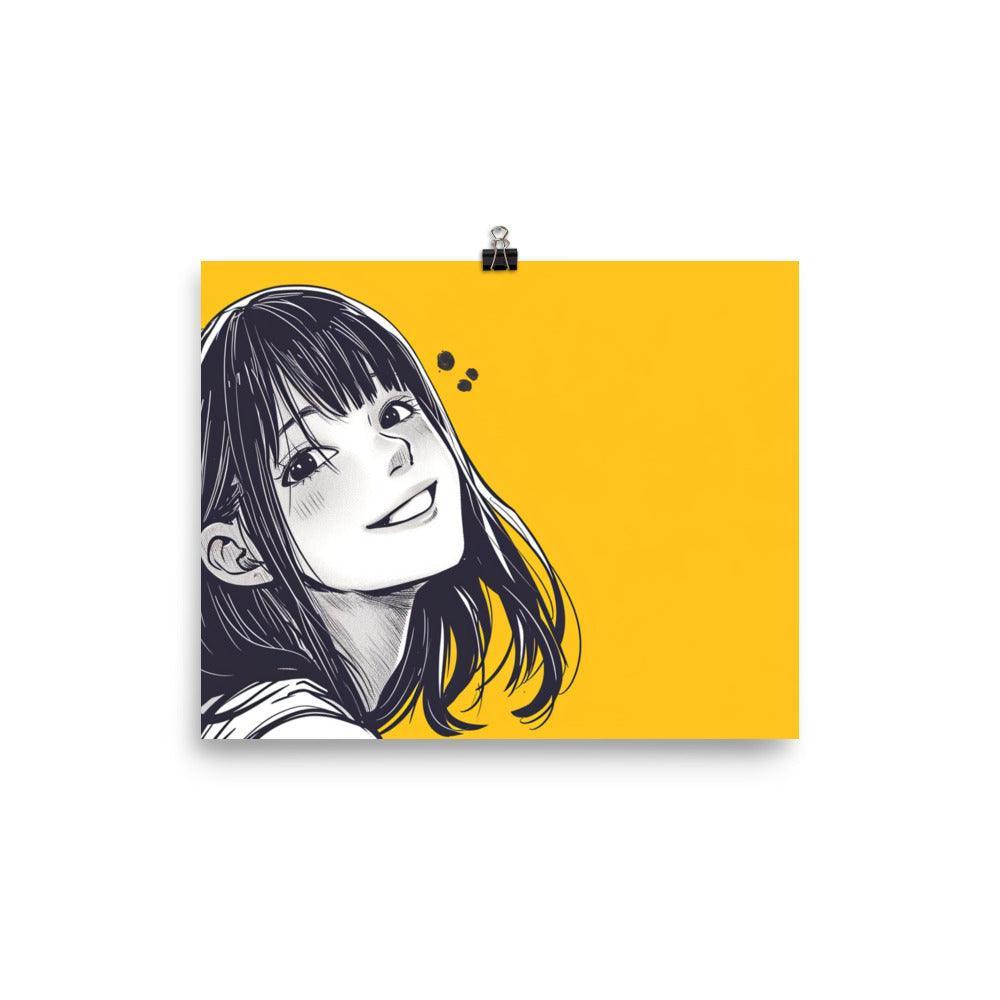 Cheerful Manga Girl Monochrome Portrait Yellow Background Poster - Oh Posters