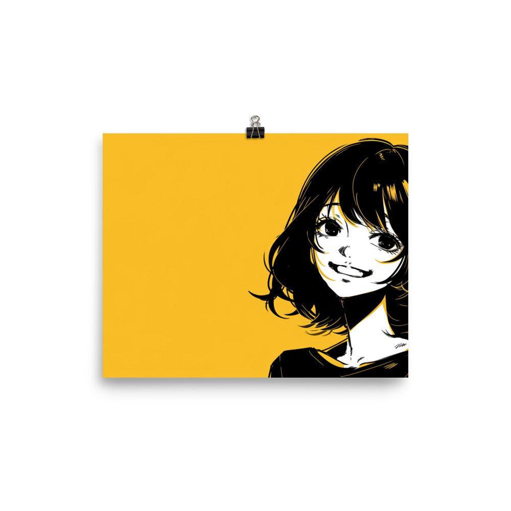 Japanese Manga Style Girl with Bob Cut Smiling Yellow Background Poster - Oh Posters