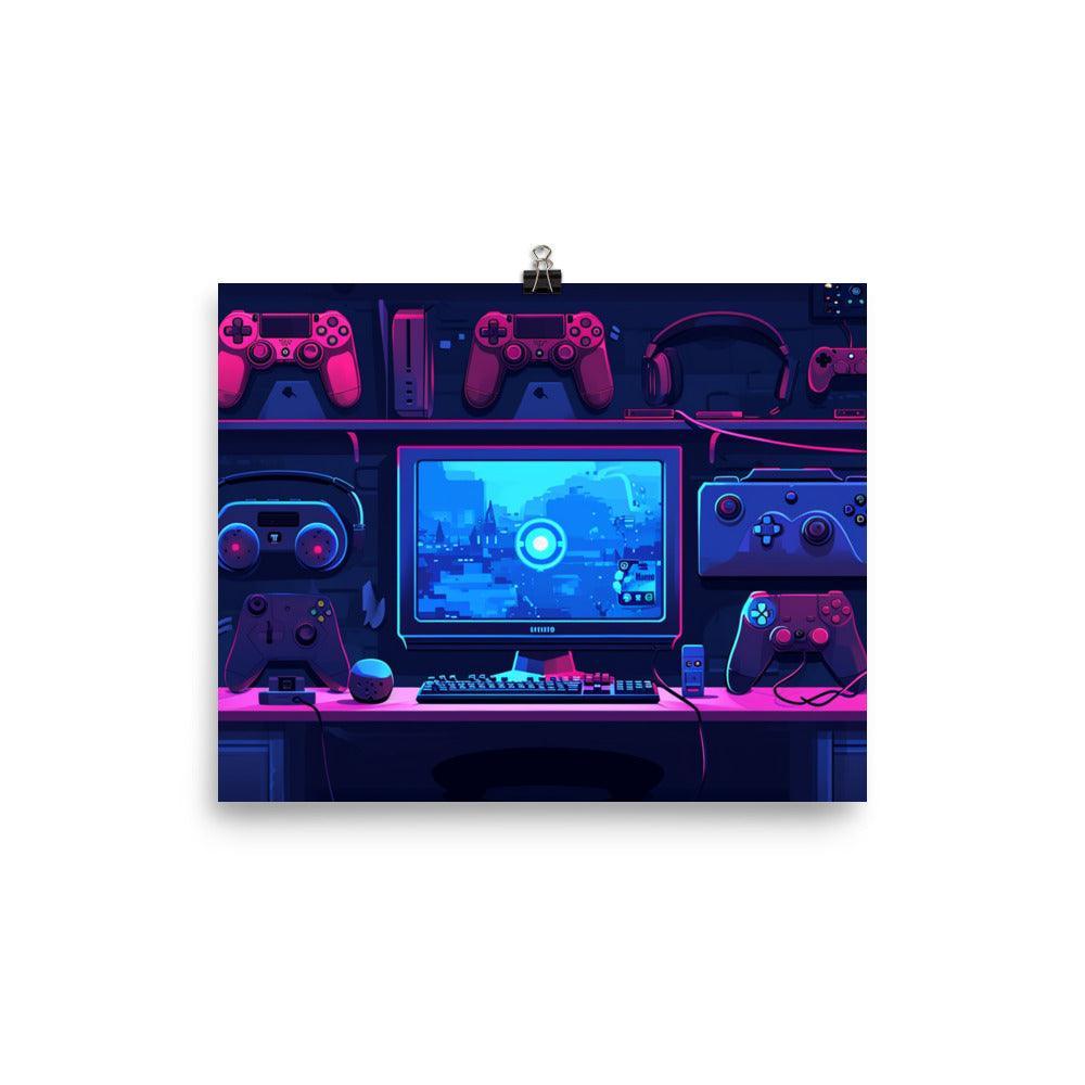 Gaming Setup Neon Glow Digital Art Poster - Oh Posters