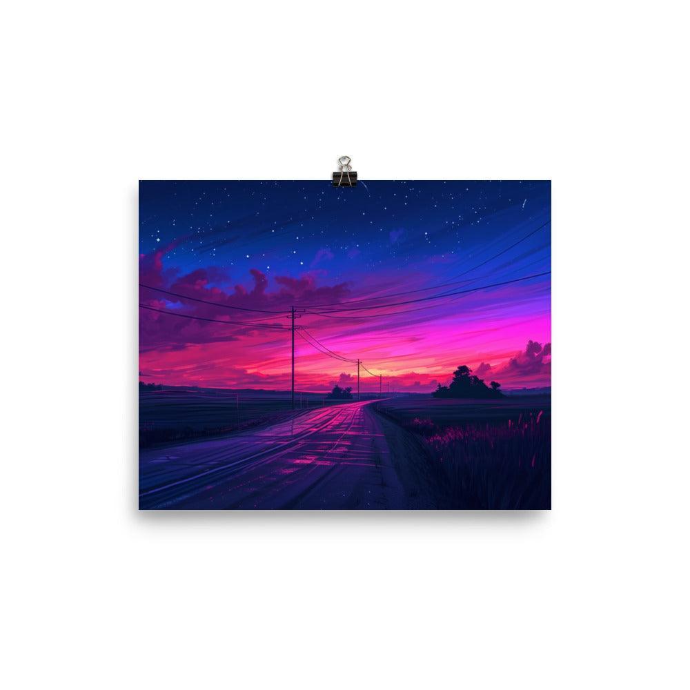 Dusk Road with Electricity Poles Vivid Digital Poster - Oh Posters