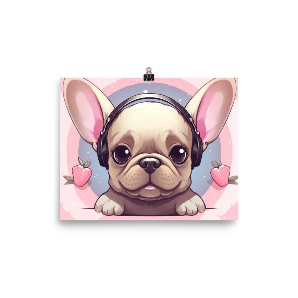 Fawn French Bulldog with Headphones Cute Pink Poster - Oh Posters