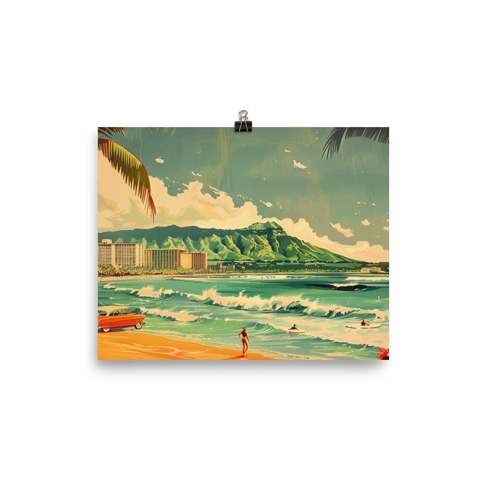 Classic Surfing Waikiki Retro Car Beach Scene Poster - Oh Posters