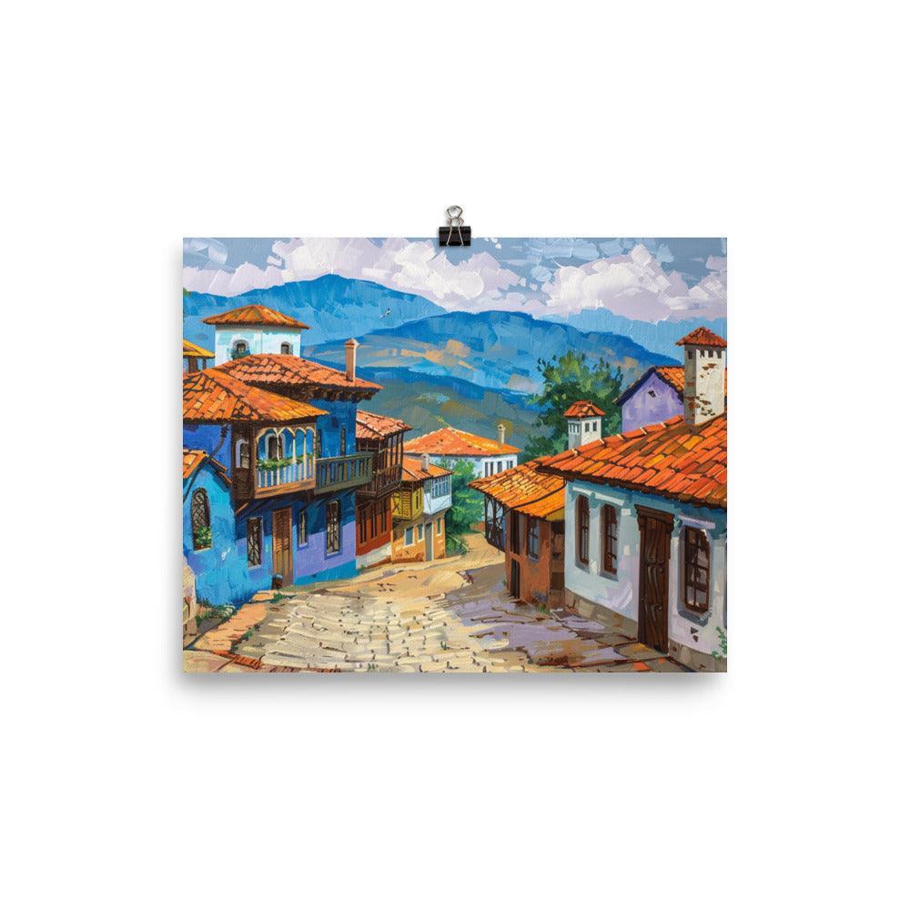 Bulgarian Village Blue Houses Oil Painting Poster - Oh Posters