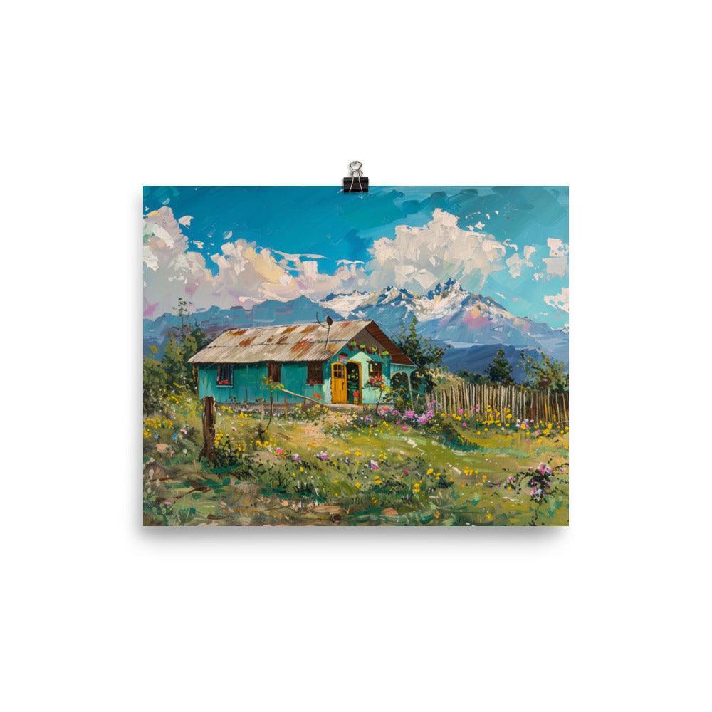 Chile Scenic Mountain Landscape with Colorful Cabin Oil Painting Poster - Oh Posters