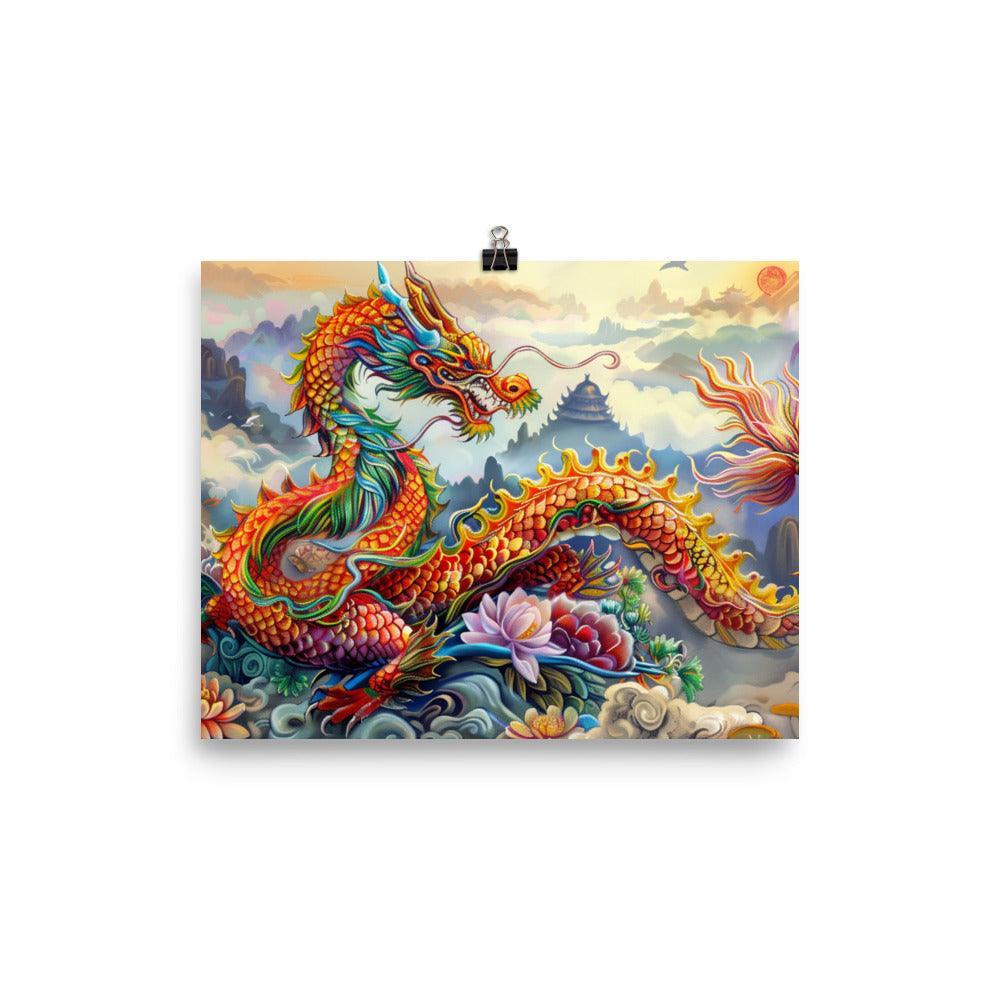 China Vibrant Dragon and Floral Fantasy Art Poster - Oh Posters