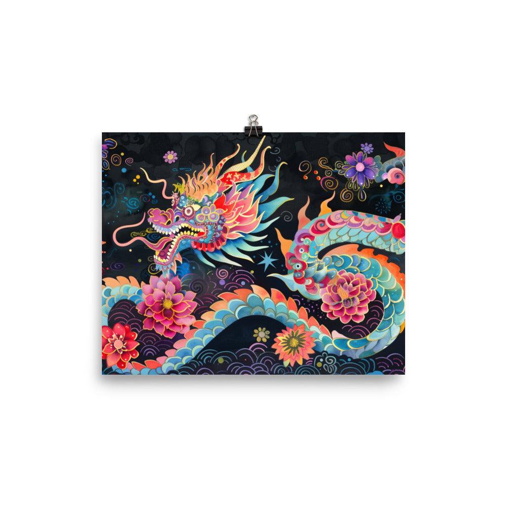 China Mythical Dragon and Night Blossoms Poster - Oh Posters