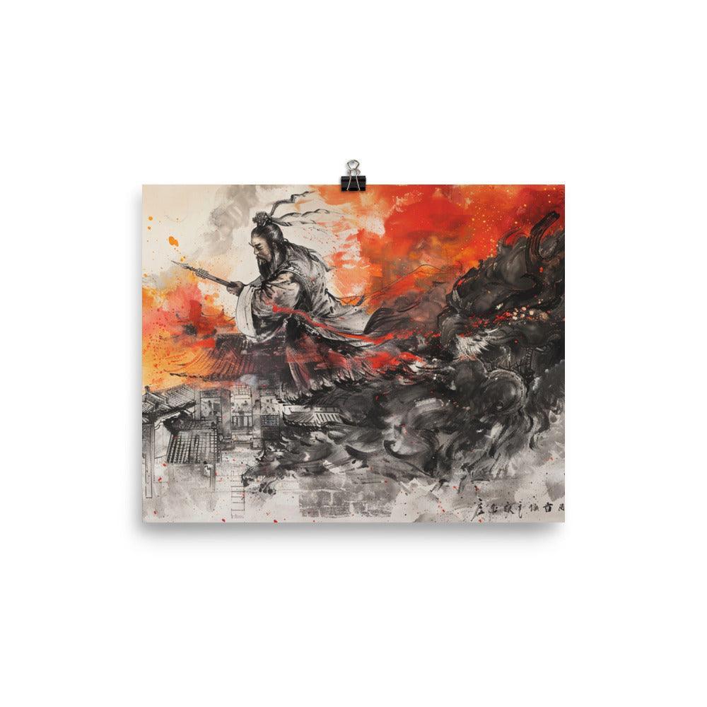 China Ancient Warrior and Dragon Battle Ink Painting Poster - Oh Posters