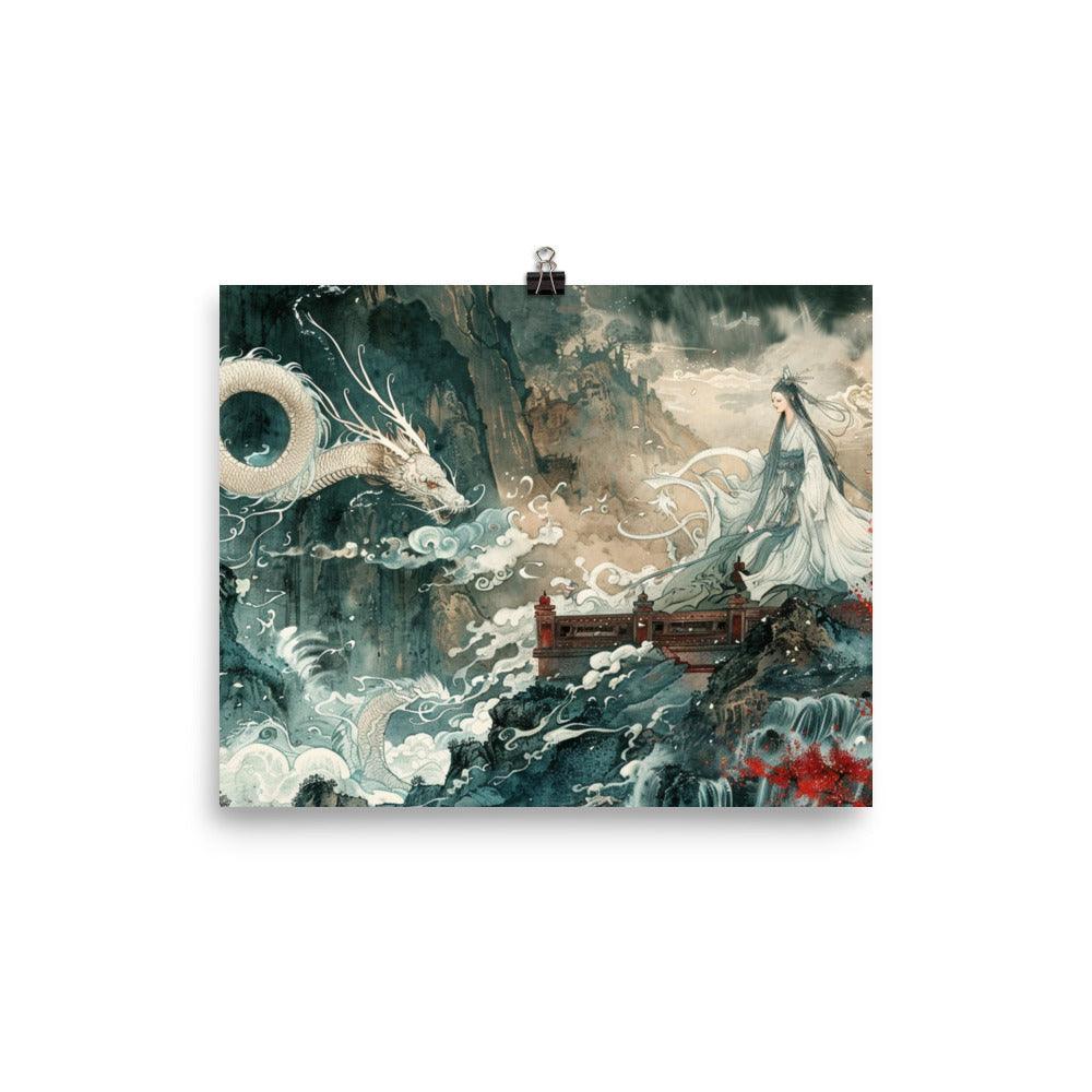 China Mystical Dragon and Goddess Waterfall Scene Poster - Oh Posters