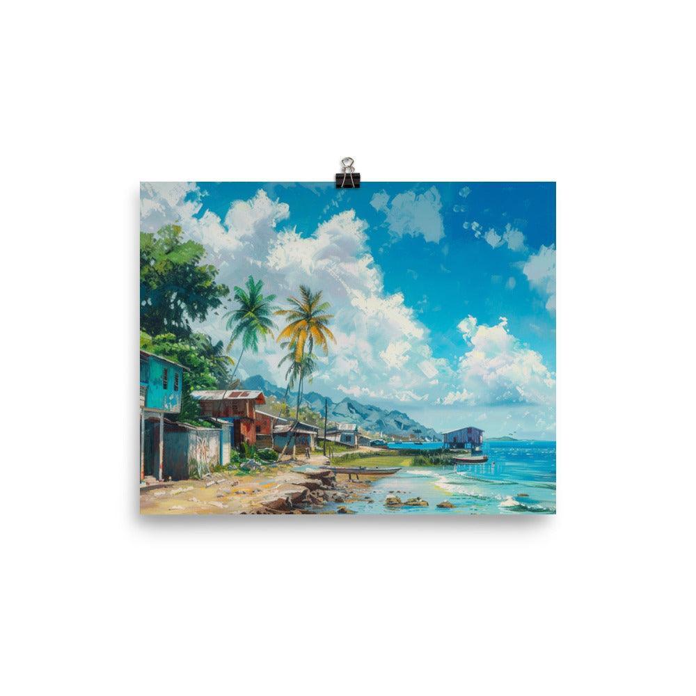 Comoros Seaside Village with Boats Scenic Artwork Poster - Oh Posters