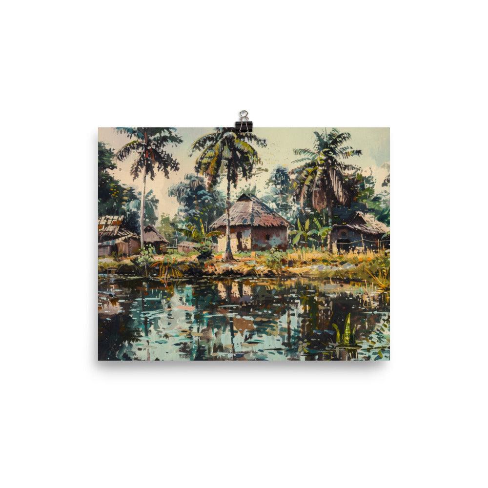 Côte d’Ivoire Riverside Village Tropical Painting Poster - Oh Posters