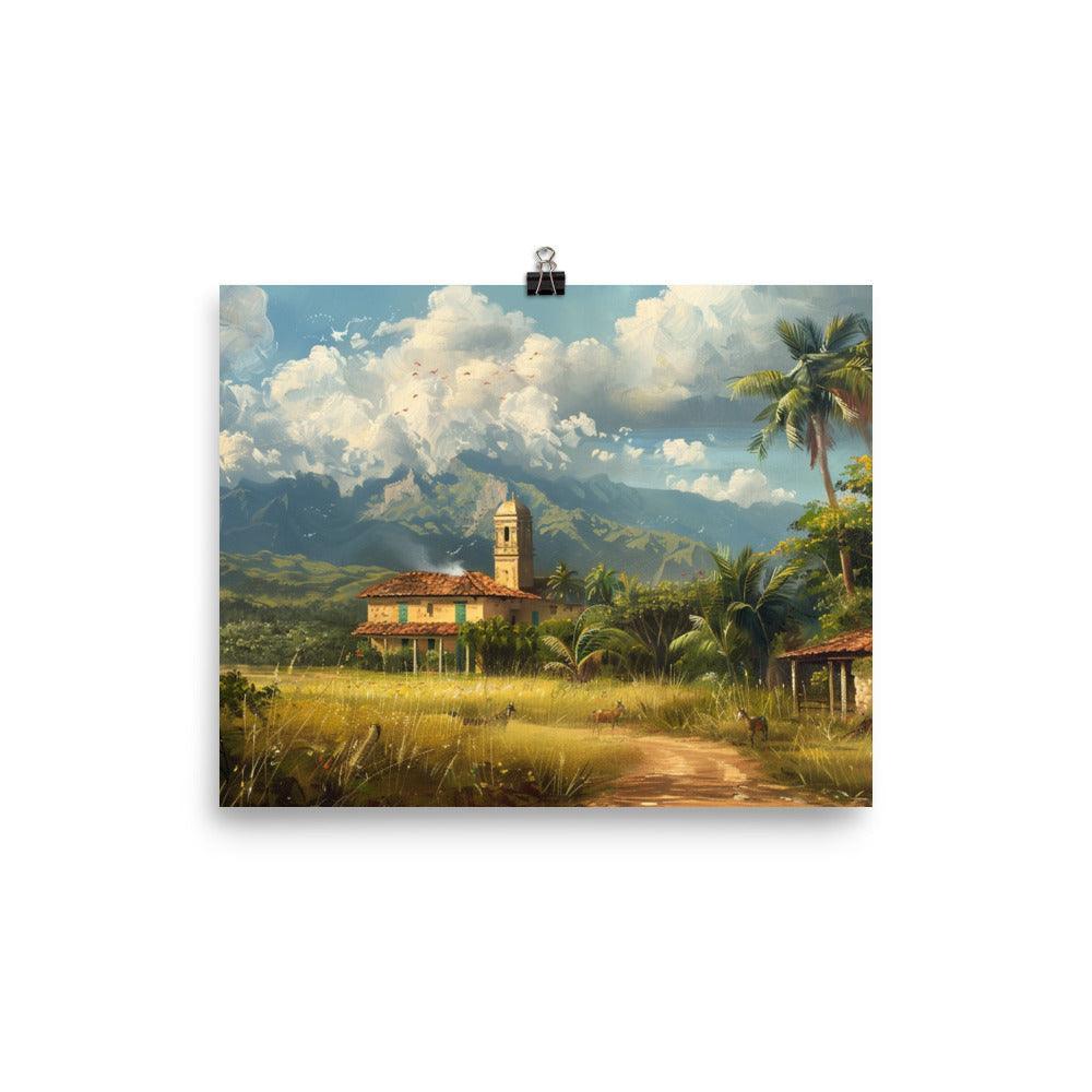 Cuba Rural Landscape with Church and Mountains Painting Poster - Oh Posters