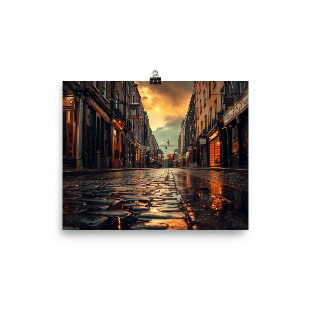 Ireland Rainy Cobblestone Street Evening Poster - Oh Posters