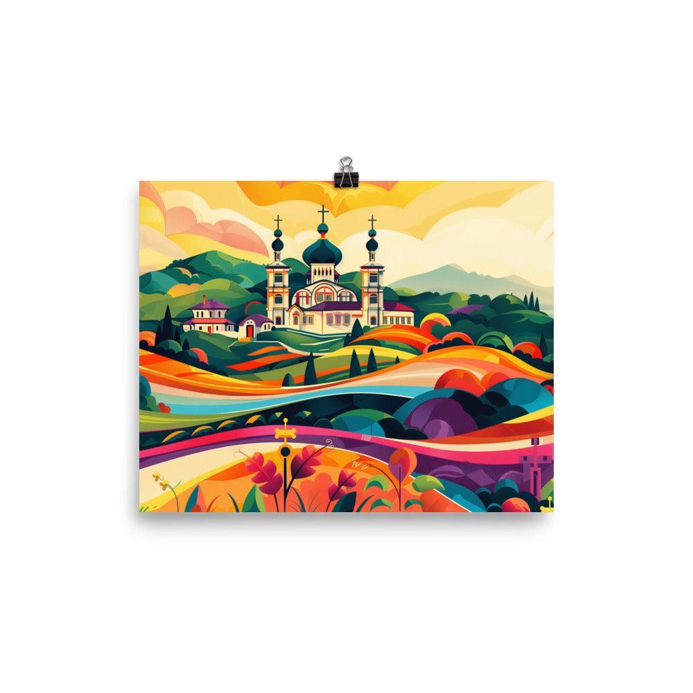 Moldova Colorful Rolling Hills with Orthodox Church Poster - Oh Posters