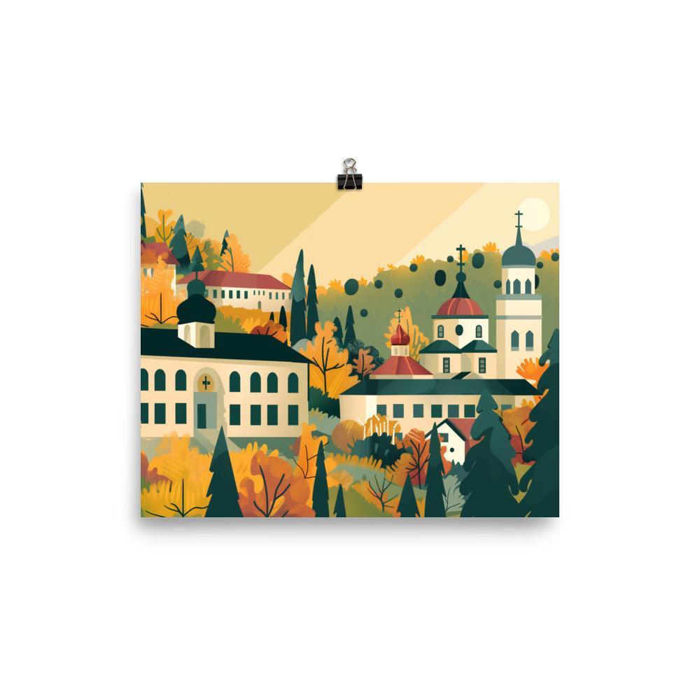 Moldova Serene Monastery in Lush Autumn Forest Poster - Oh Posters