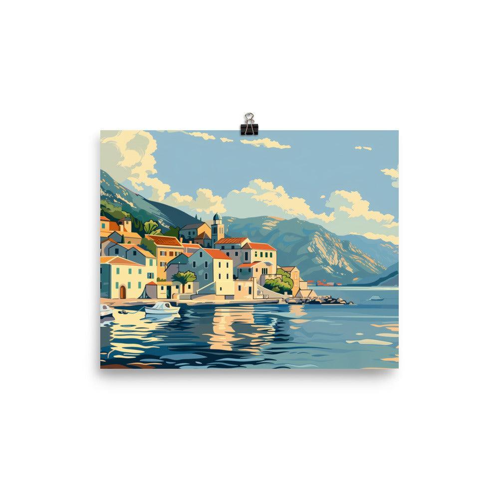 Montenegro Seaside Village Boats Mountain View Poster - Oh Posters