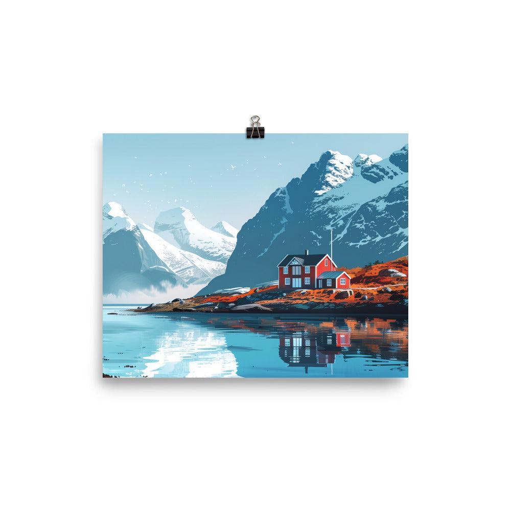 Norway Fjordside Cottage in Snowy Mountains Poster - Oh Posters