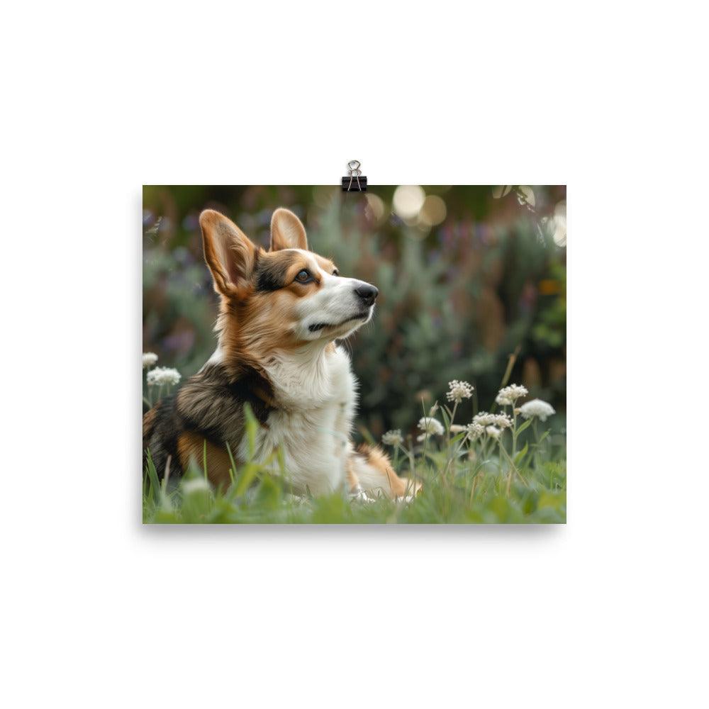 Cardigan Welsh Corgi in Flower Field Photograph Poster - Oh Posters