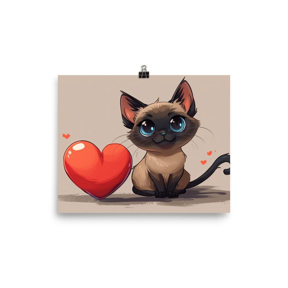 Cute Siamese Cat Cartoon Love Heart Illustration Poster - Oh Posters