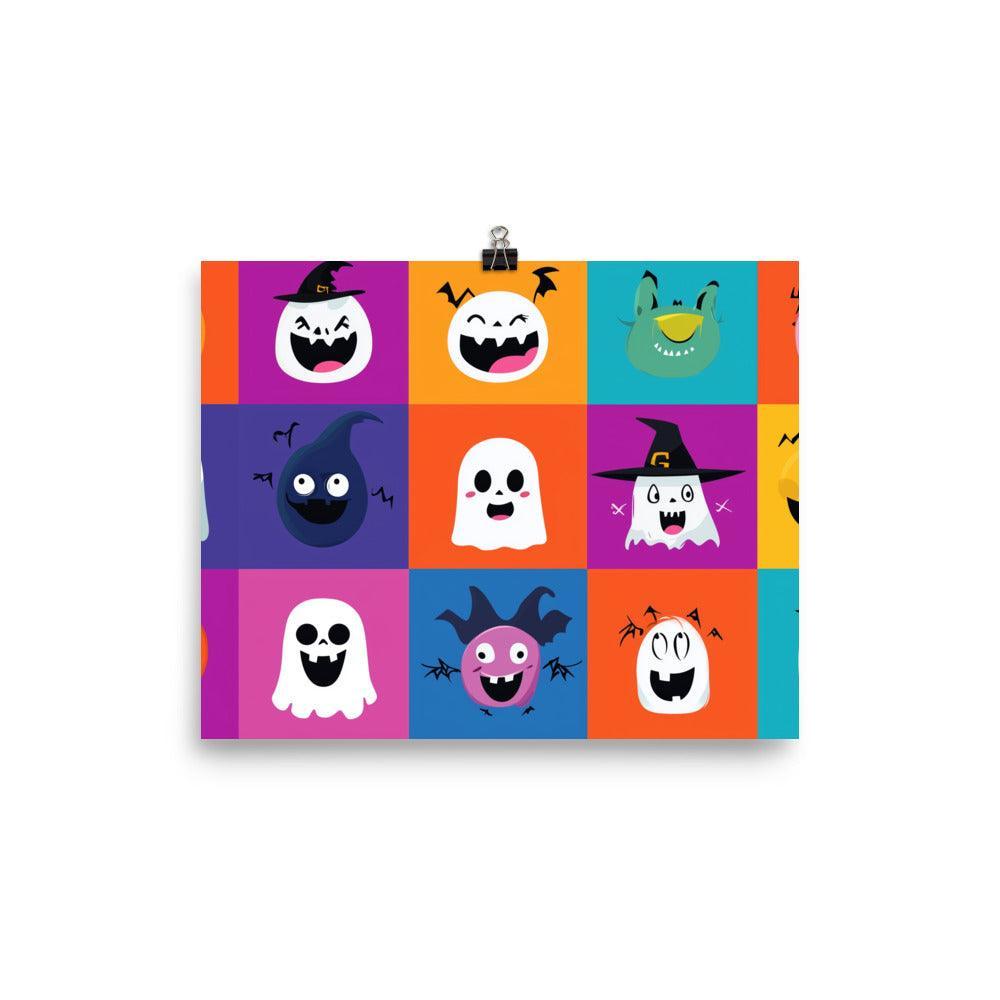 Halloween Cartoon Character Faces with Colorful Backgrounds Poster - Oh Posters