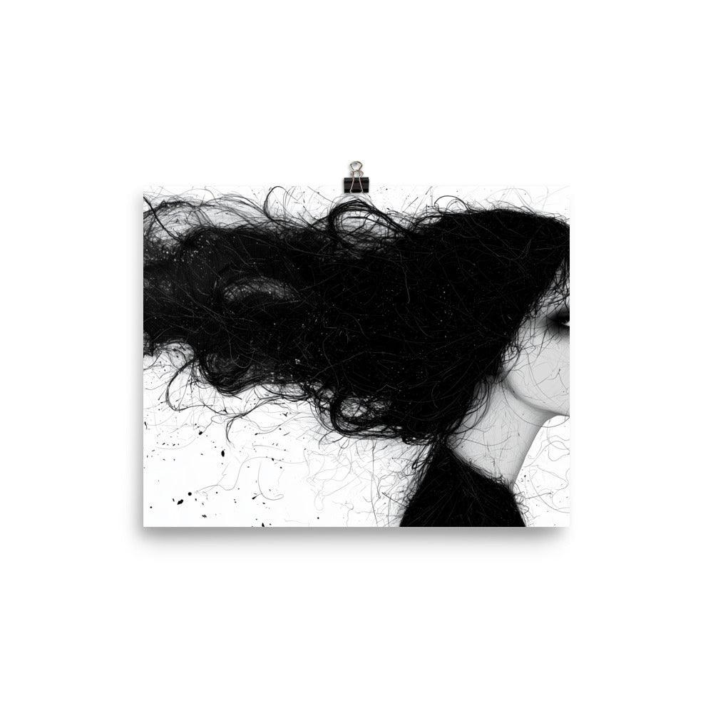 Female Silhouette with Dramatic Hair Flow Black and White Sketch Poster - Oh Posters