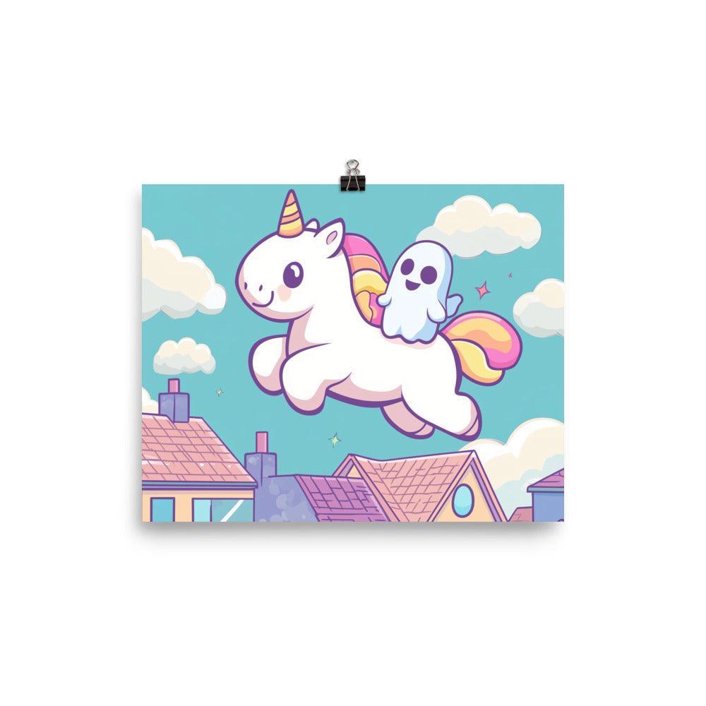 Kawaii Unicorn and Ghost Floating Above Colorful Town Digital Art Poster - Oh Posters