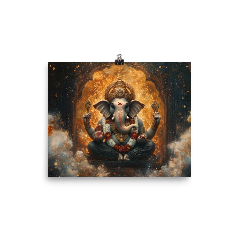 Ganesh in a Golden Temple with Flames Ethereal Artwork Poster - Oh Posters