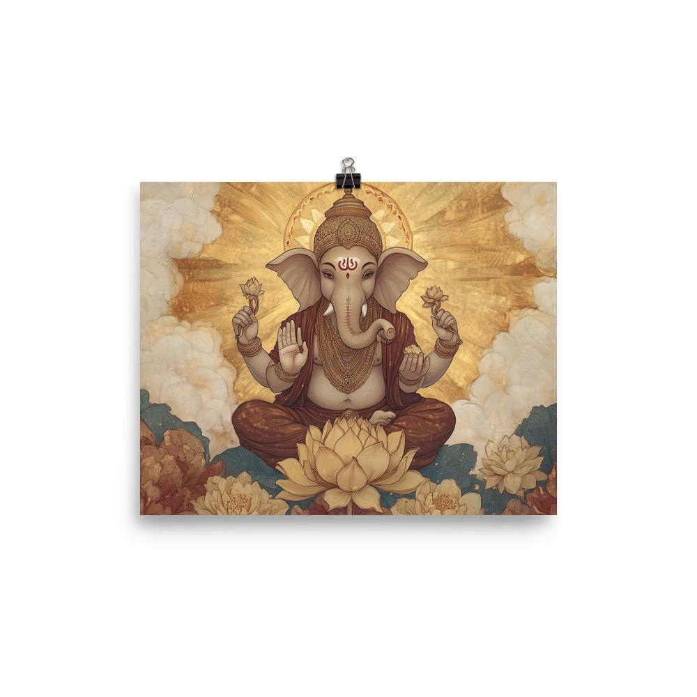 Golden Ganesh with Lotus Blossoms Peaceful Spiritual Artwork Poster - Oh Posters