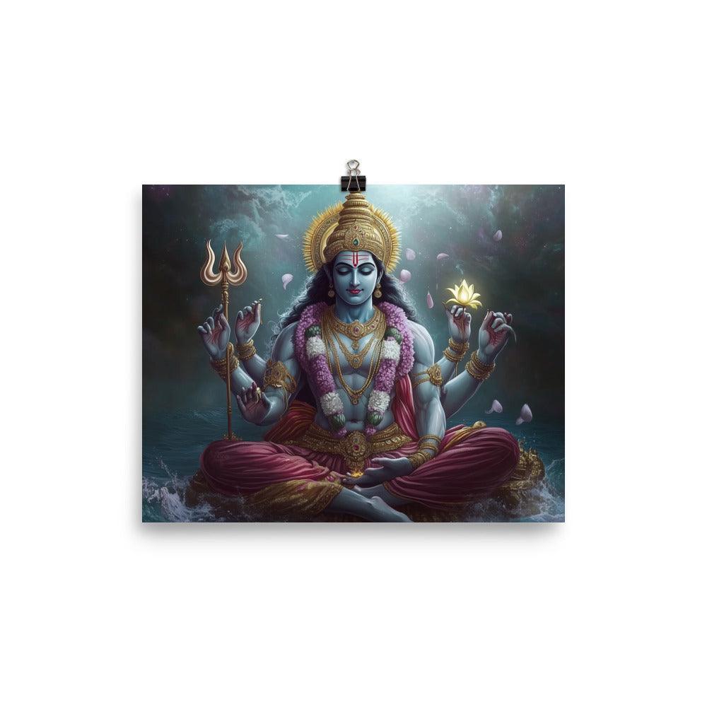 Meditative Vishnu with Trident and Lotus Divine Cosmic Illustration Poster - Oh Posters