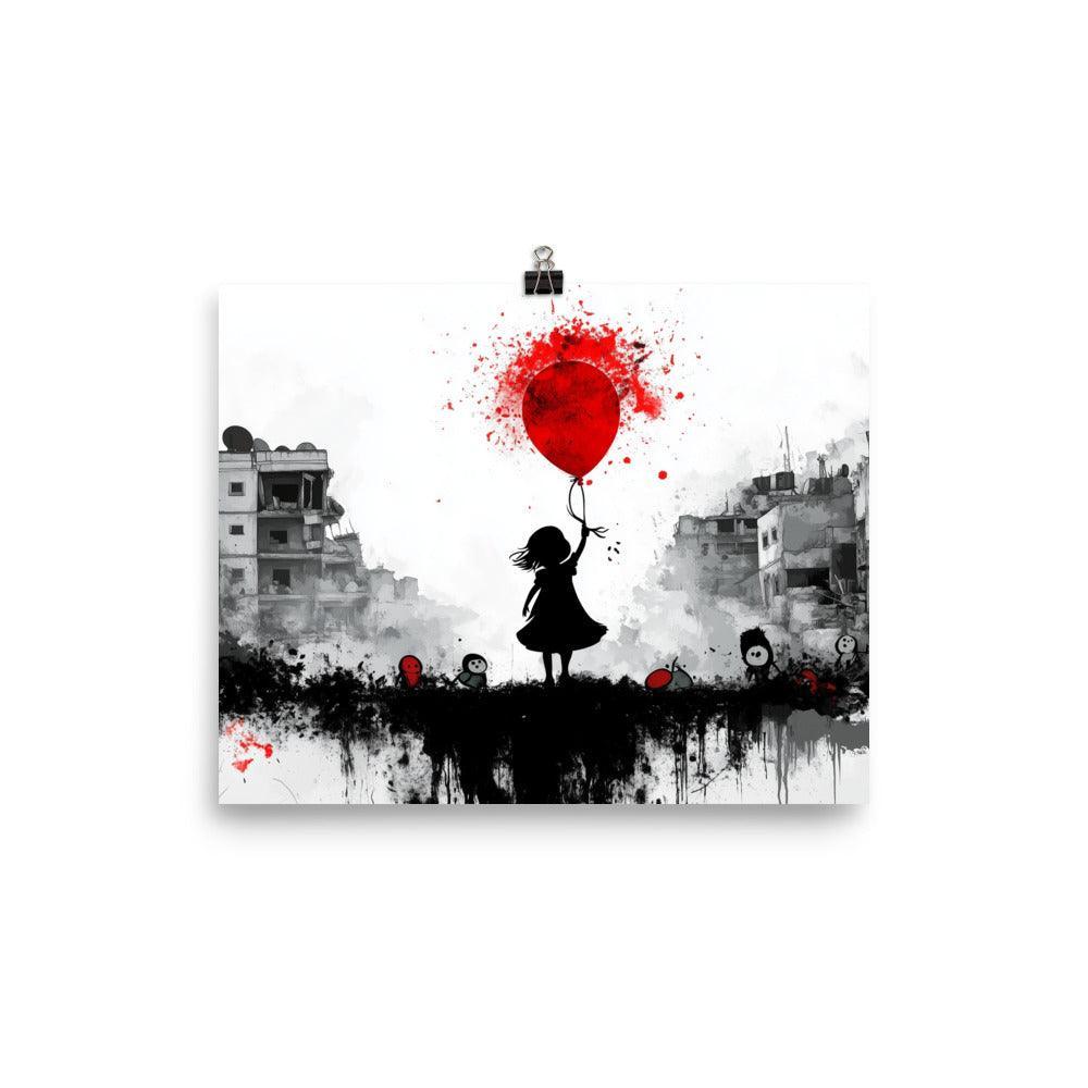 Girl with Red Balloon Amidst Urban Destruction Palestine Poster - Oh Posters