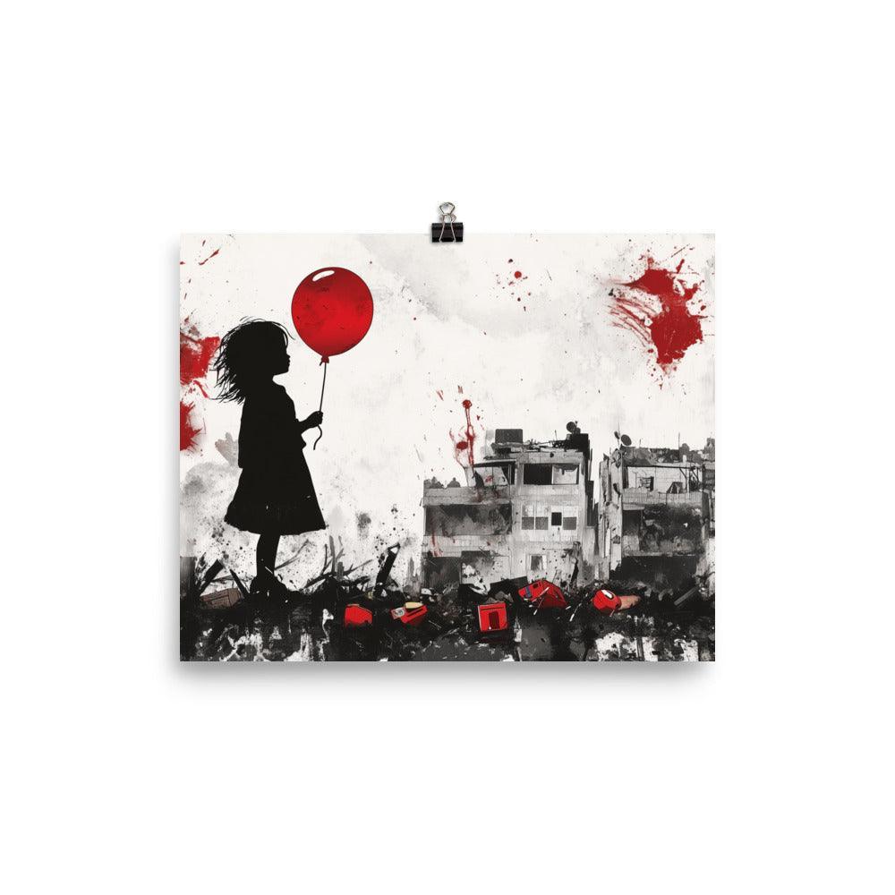 Child Holding Balloon Amidst Rubble Palestine Poster - Oh Posters