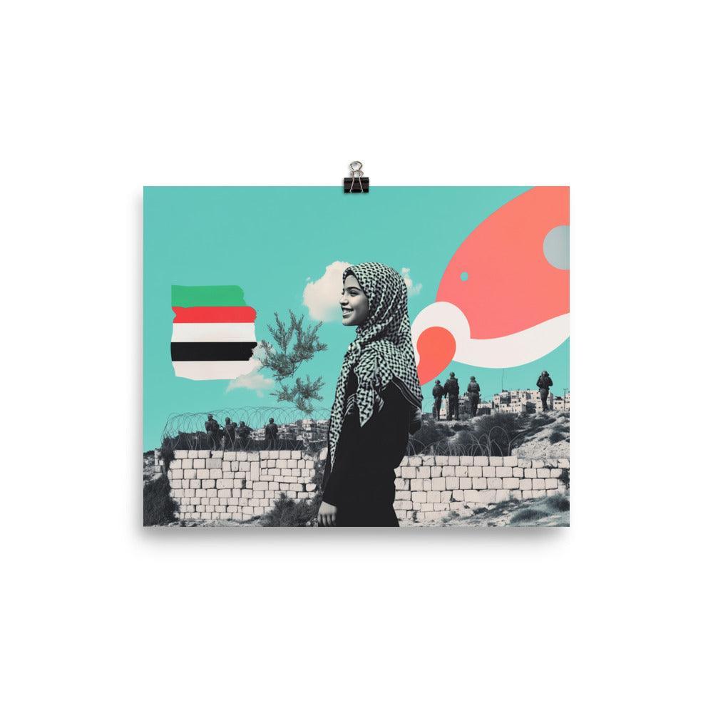 Smiling Palestinian Girl in City Pop Art Collage Poster - Oh Posters