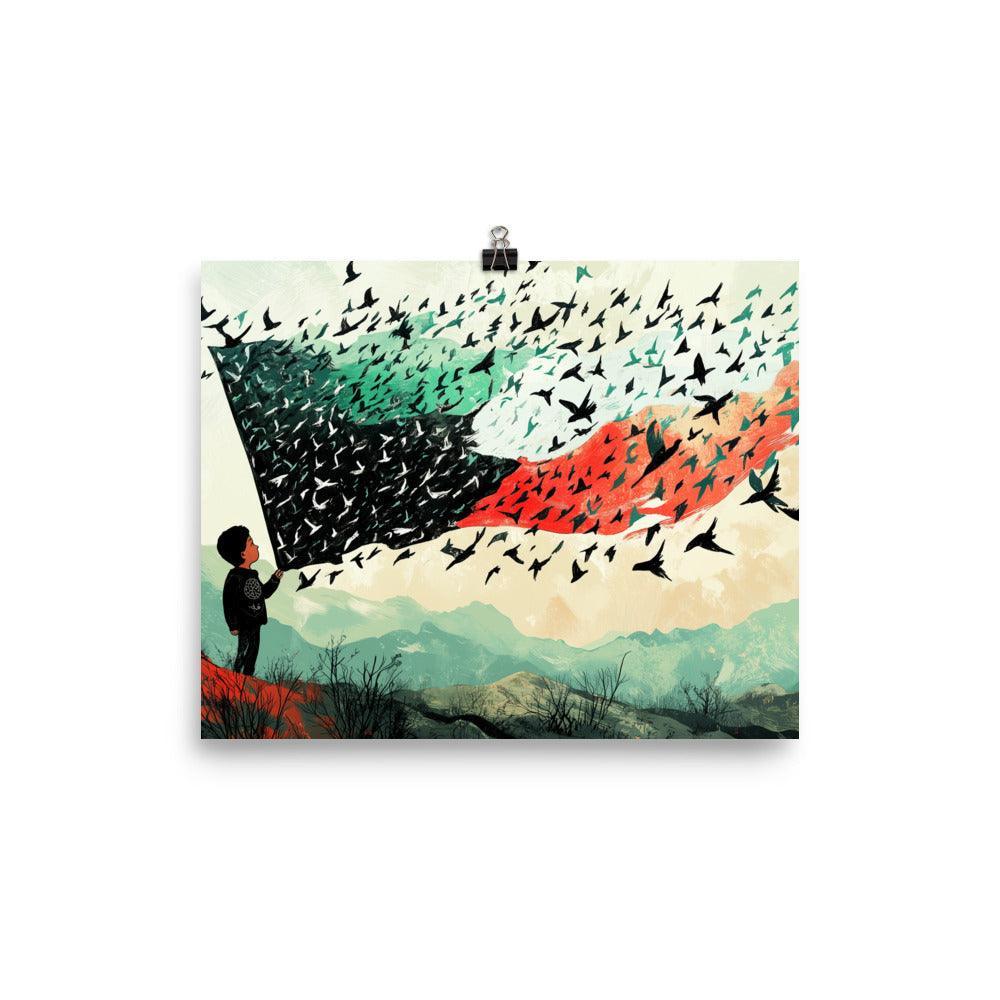 Child Holding Palestinian Flag Birds Flying Illustration Poster - Oh Posters