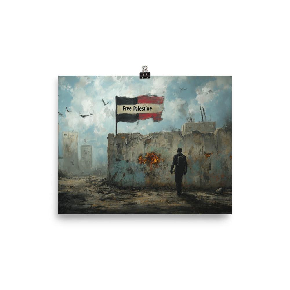 Free Palestine Flag in War-Torn Cityscape Poster - Oh Posters