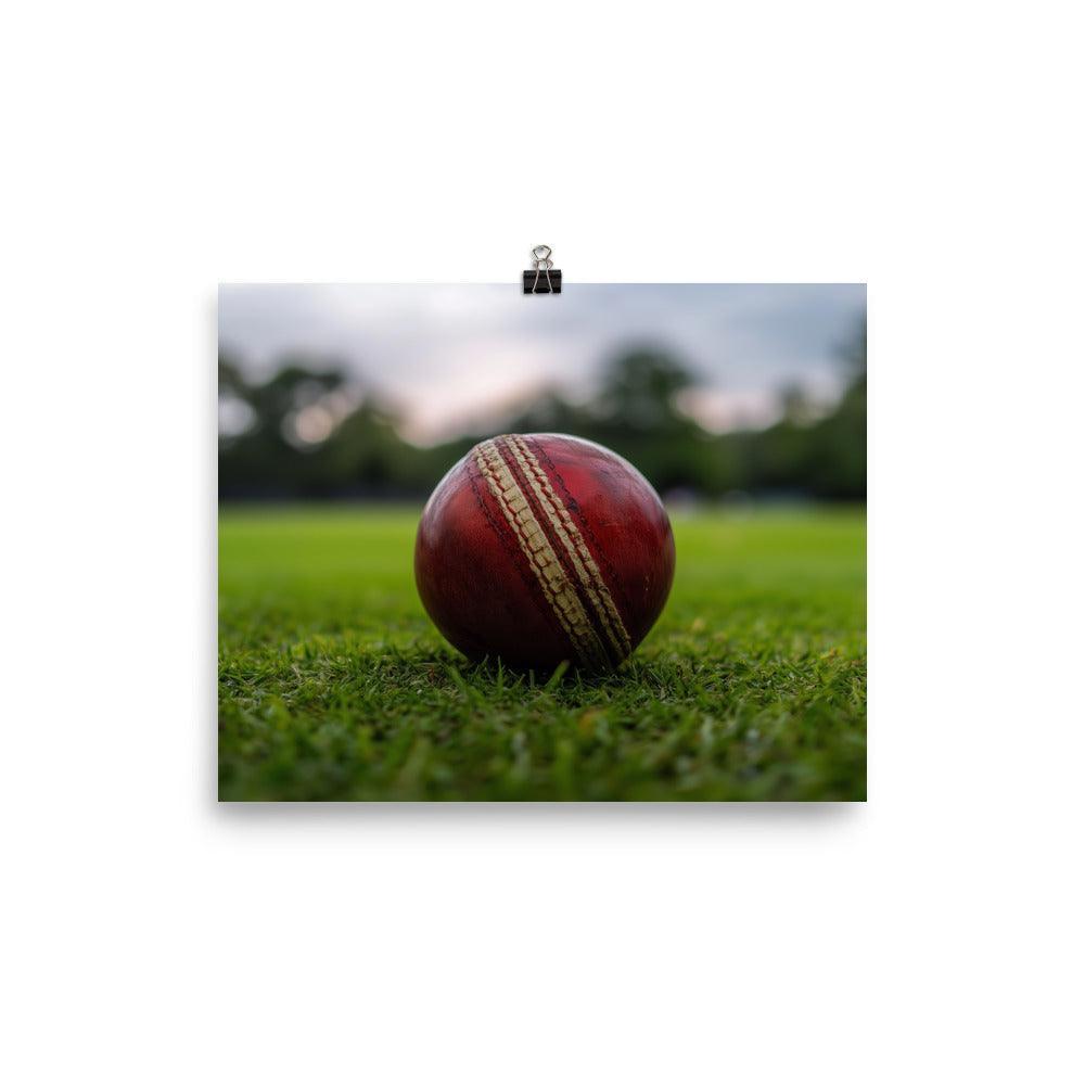 Close-Up Cricket Ball on Green Grass Field Poster - Oh Posters