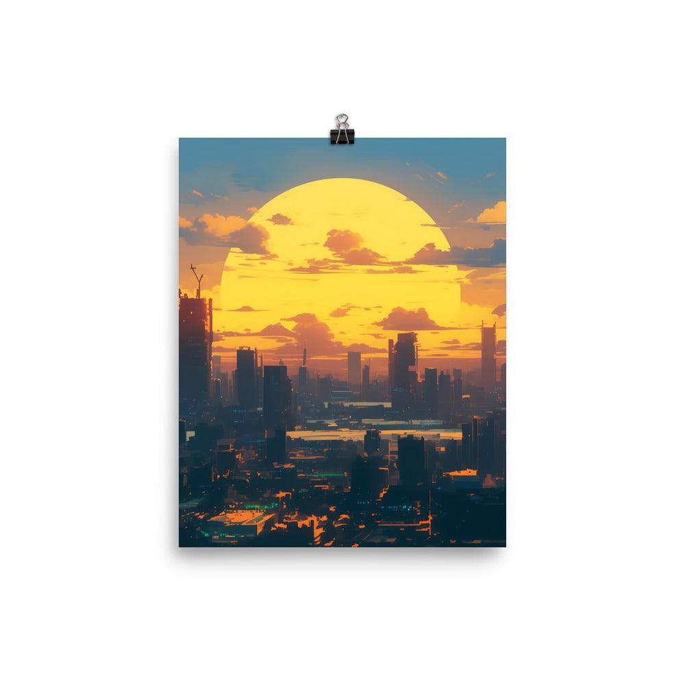 Futuristic Cityscape at Sunrise with Giant Sun and Towering Skyscrapers Digital Art Poster - Oh Posters