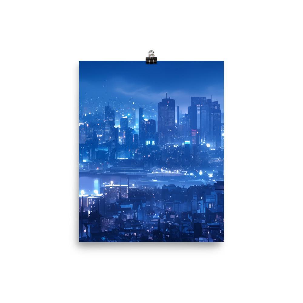 Futuristic Blue Cityscape with Neon Signs and Modern Architecture Art Poster - Oh Posters