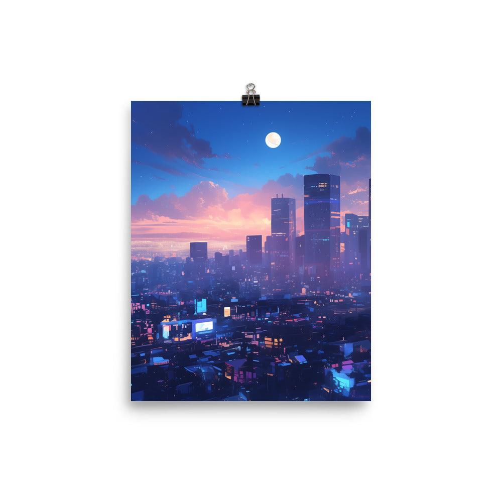 Illuminated City Skyline at Twilight with Full Moon and Vibrant Colors Art Poster - Oh Posters