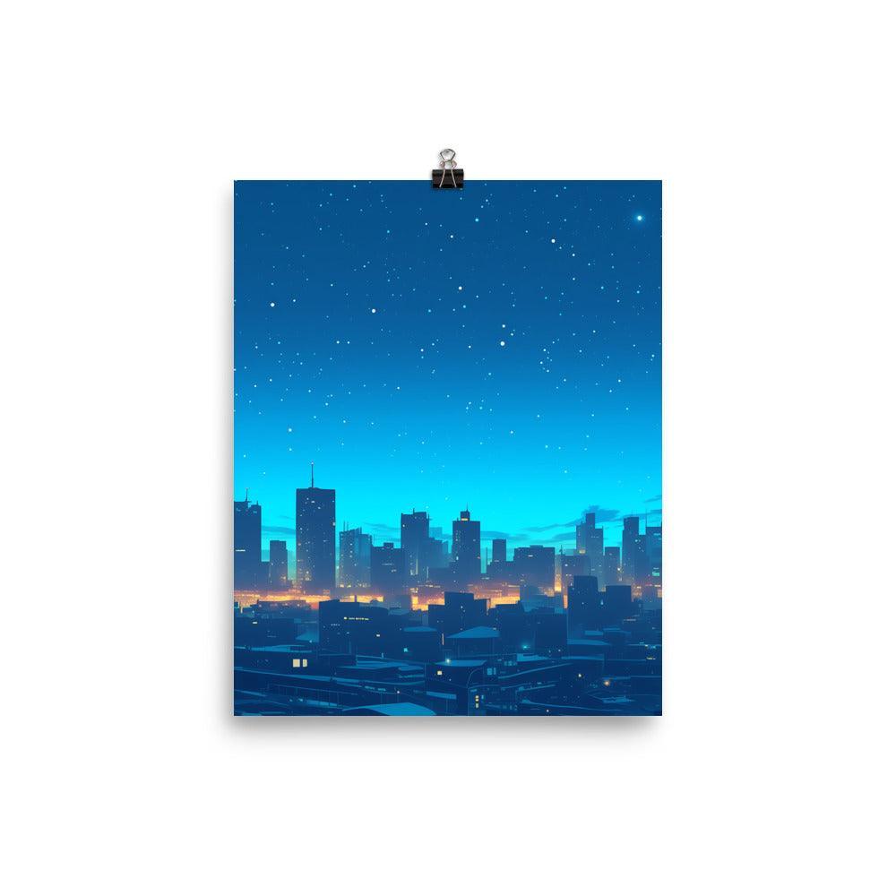 Starry Night Over City with Skyline Lights Calm Blue Atmosphere Art Poster - Oh Posters