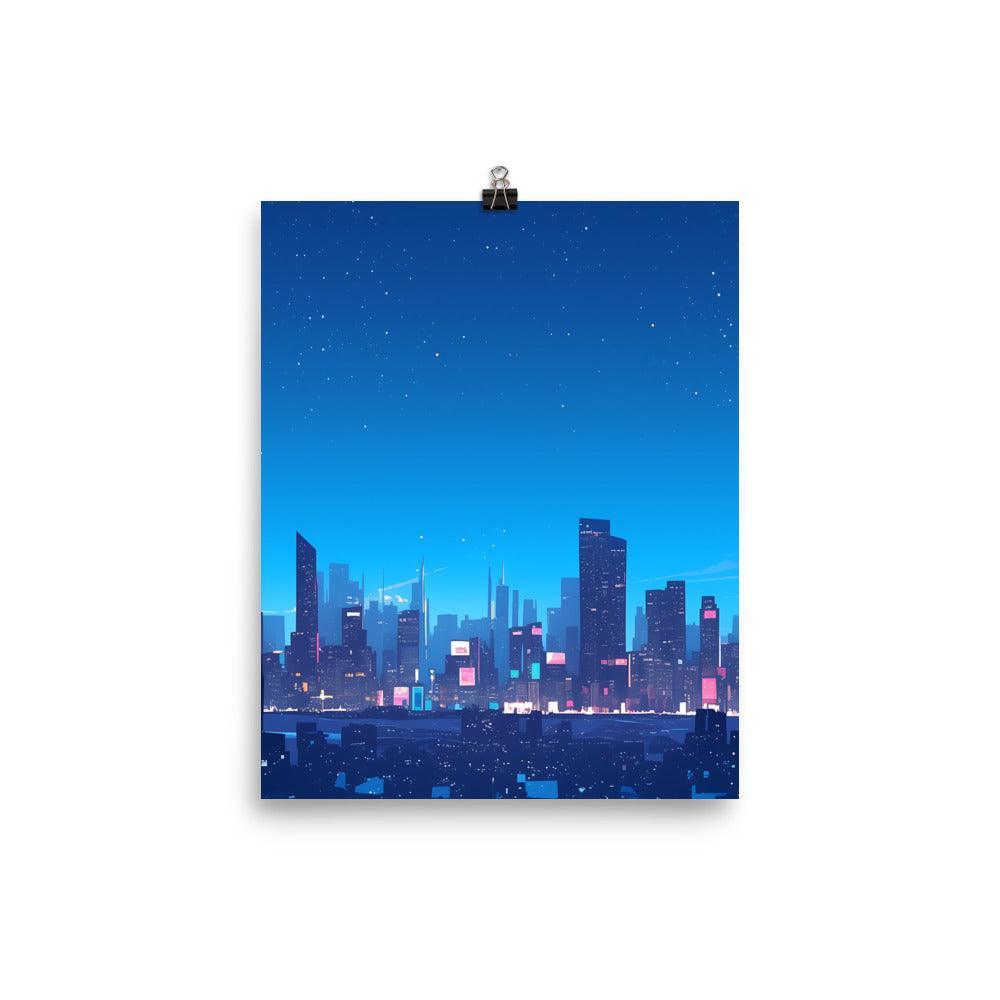 Bright City Skyline with Stars and Reflections Clean Digital Illustration Poster - Oh Posters