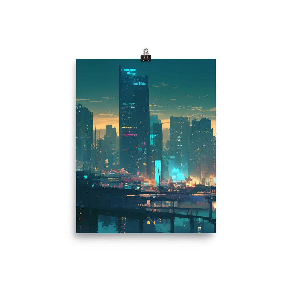 Evening Skyline with Skyscrapers and Warm Glow Futuristic Digital Art Poster - Oh Posters