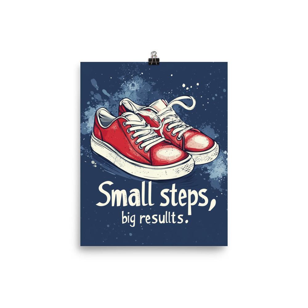 Small Steps Big Results Red Sneakers on Blue Background Poster - Oh Posters