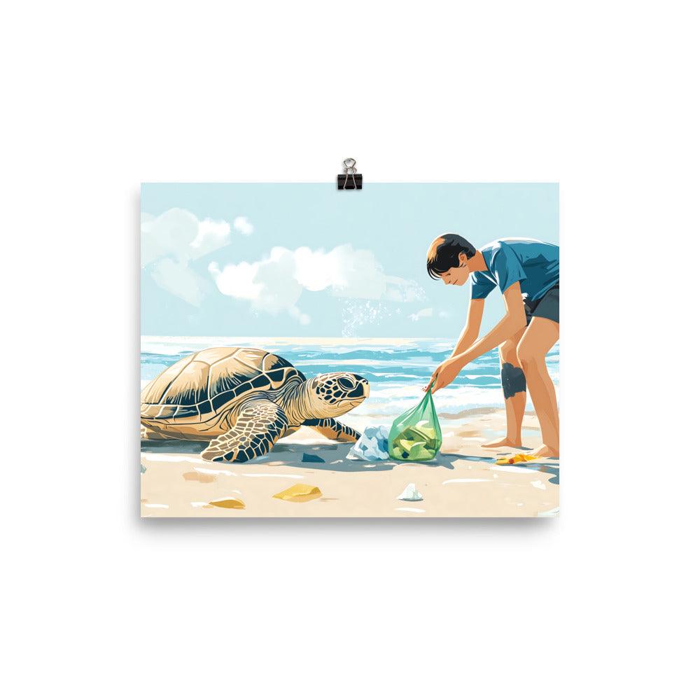 Beach Cleanup Turtle Teamwork Protecting Ocean Wildlife Together Poster - Oh Posters