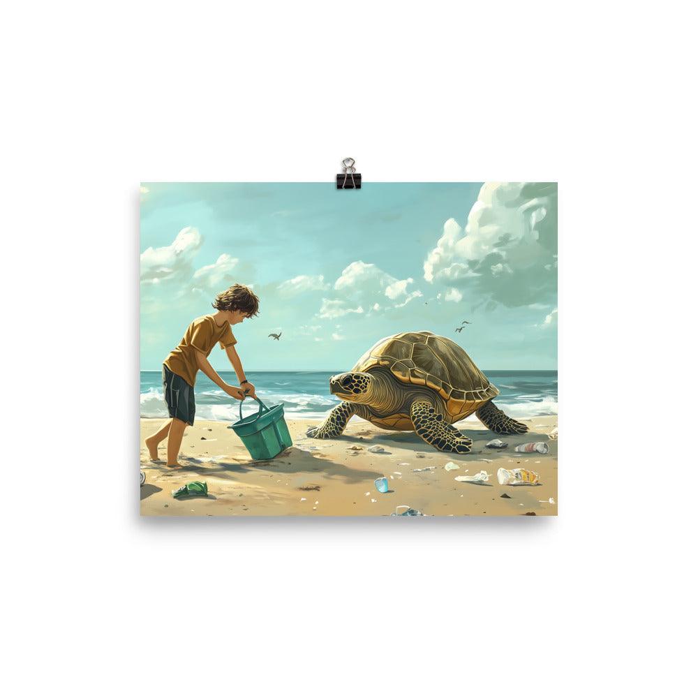 Beach Cleanup Turtle and Kid Inspiring Coastal Conservation Art Poster - Oh Posters