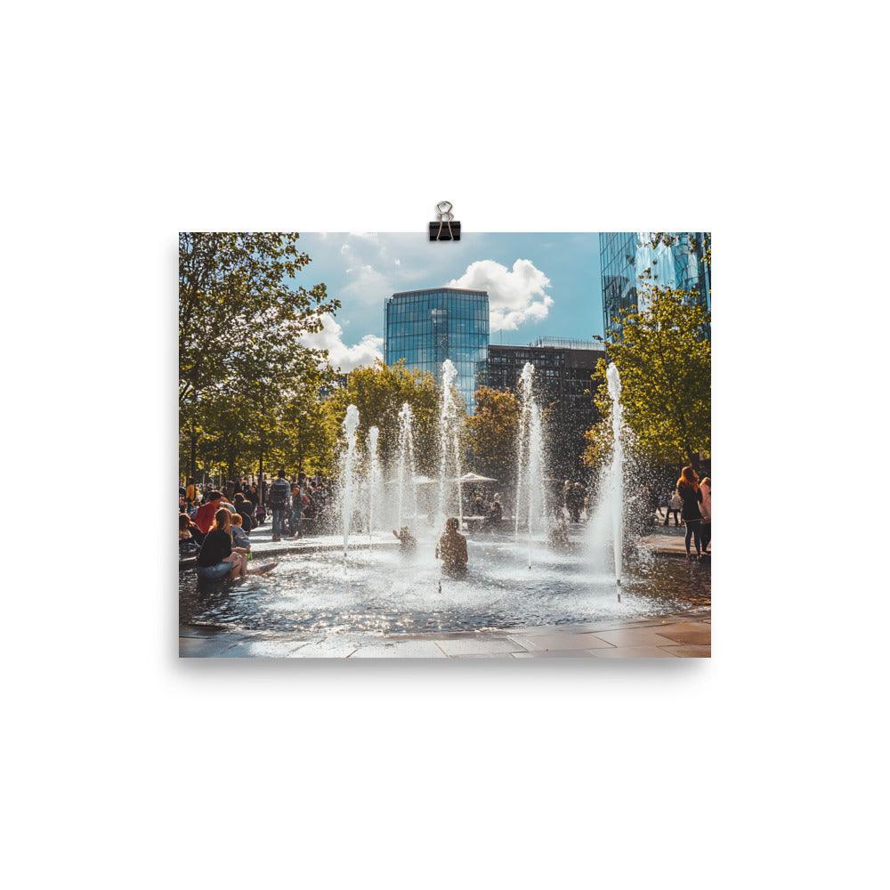 Vibrant Manchester Cityscape with Fountains and Urban Charm Poster - Oh Posters