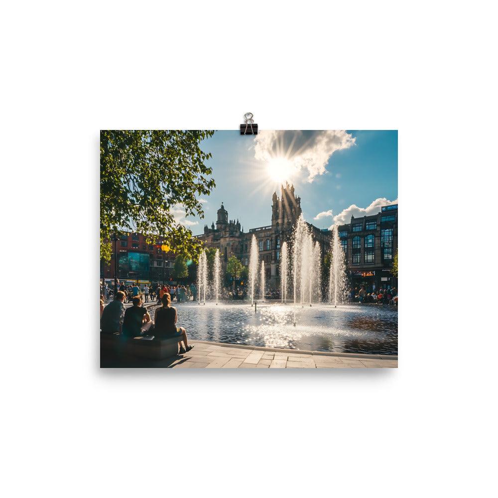 Manchester Cityscape Sunlit Fountains Afternoon Poster - Oh Posters