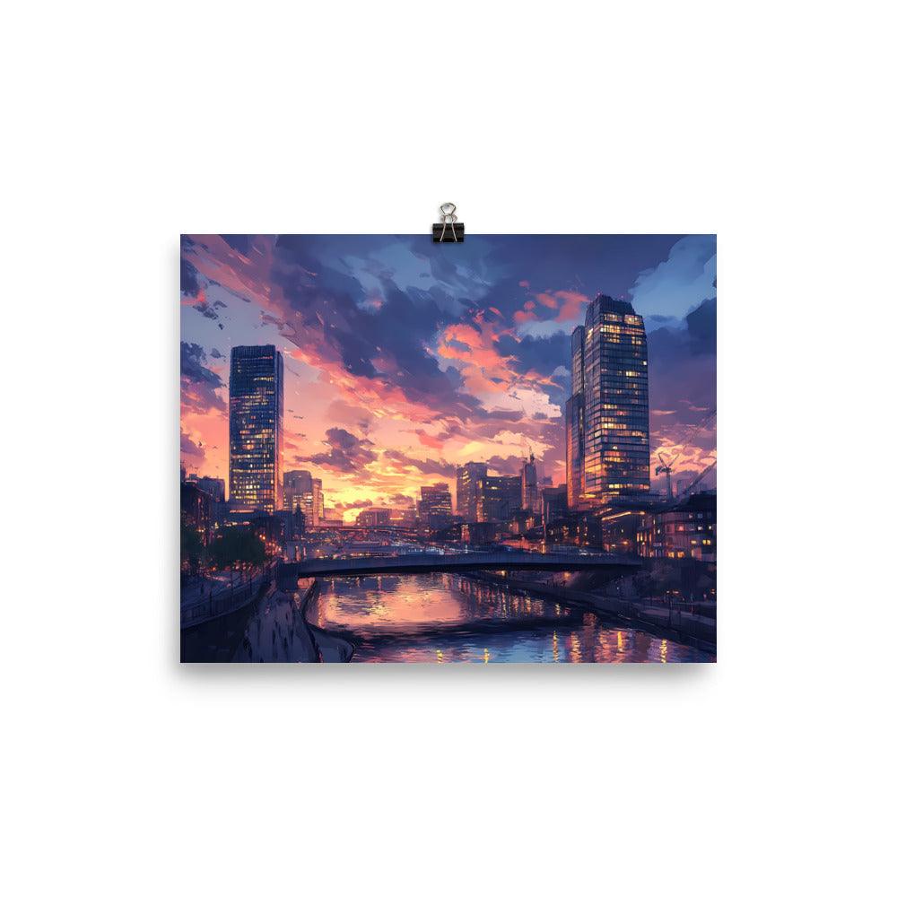 Manchester Skyline at Sunset Reflection Over River Urban Cityscape Poster - Oh Posters