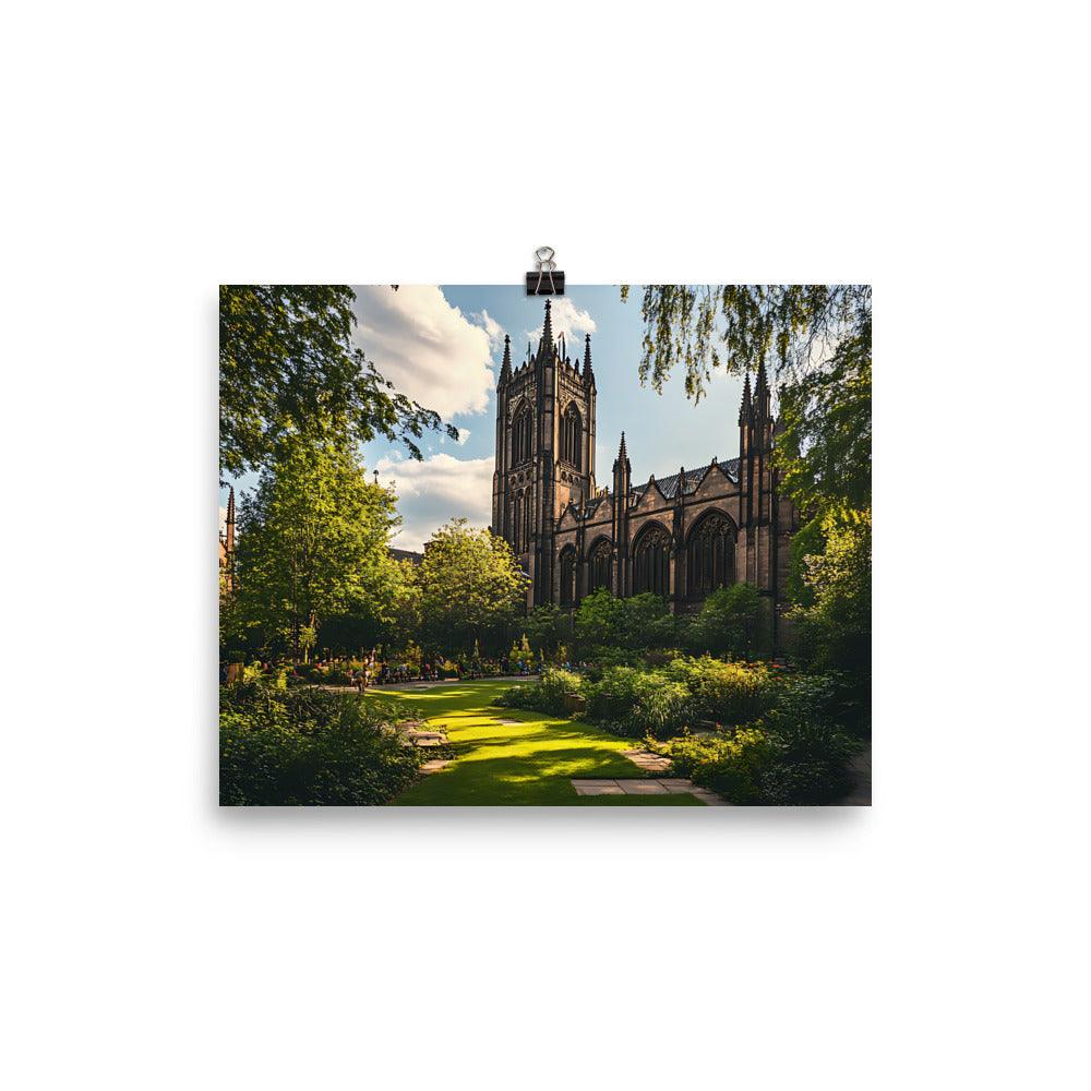 Manchester Cathedral Tranquil Garden View in Warm Sunlight Poster - Oh Posters