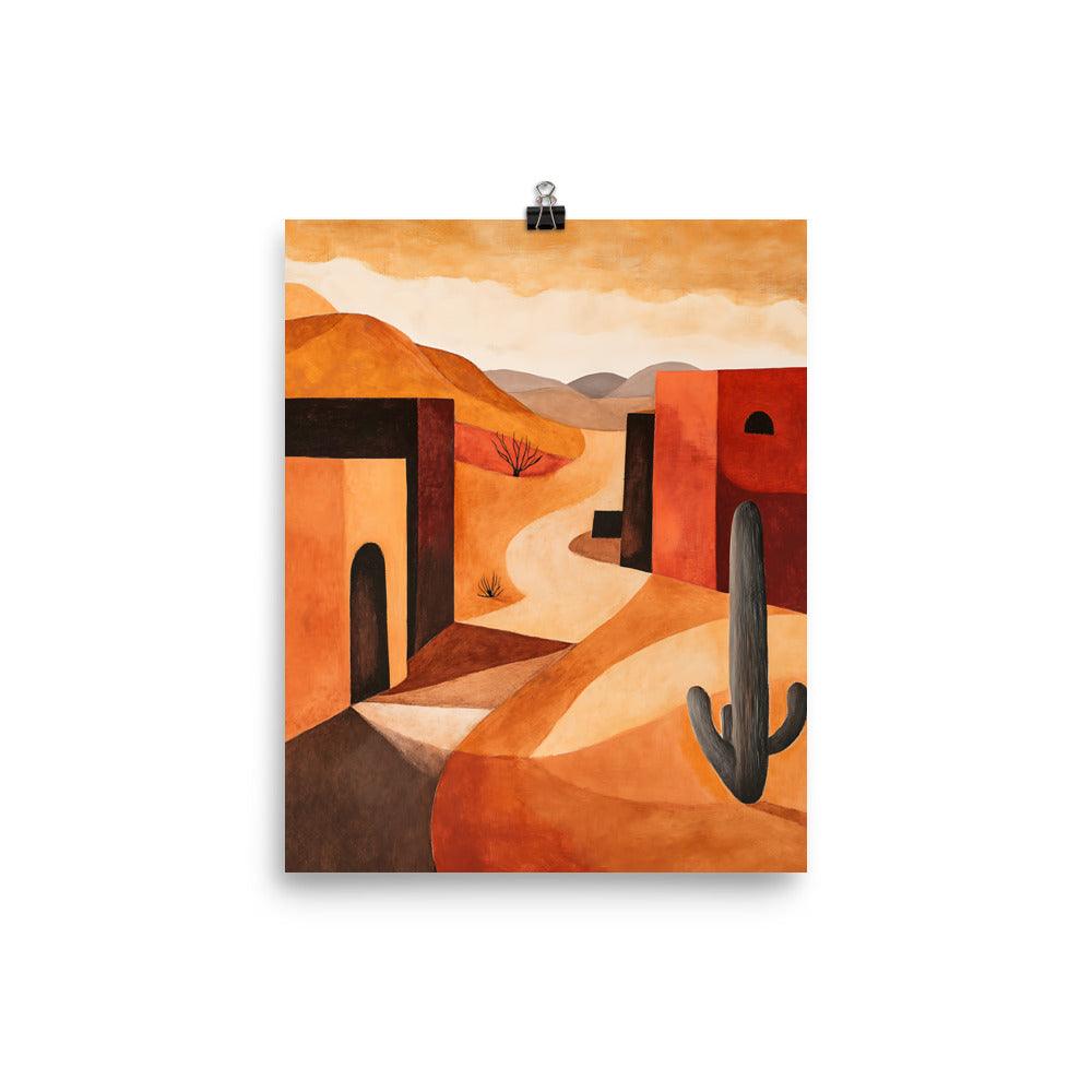 Boho Desert Landscape with Cactus and Adobe Houses Poster - Oh Posters